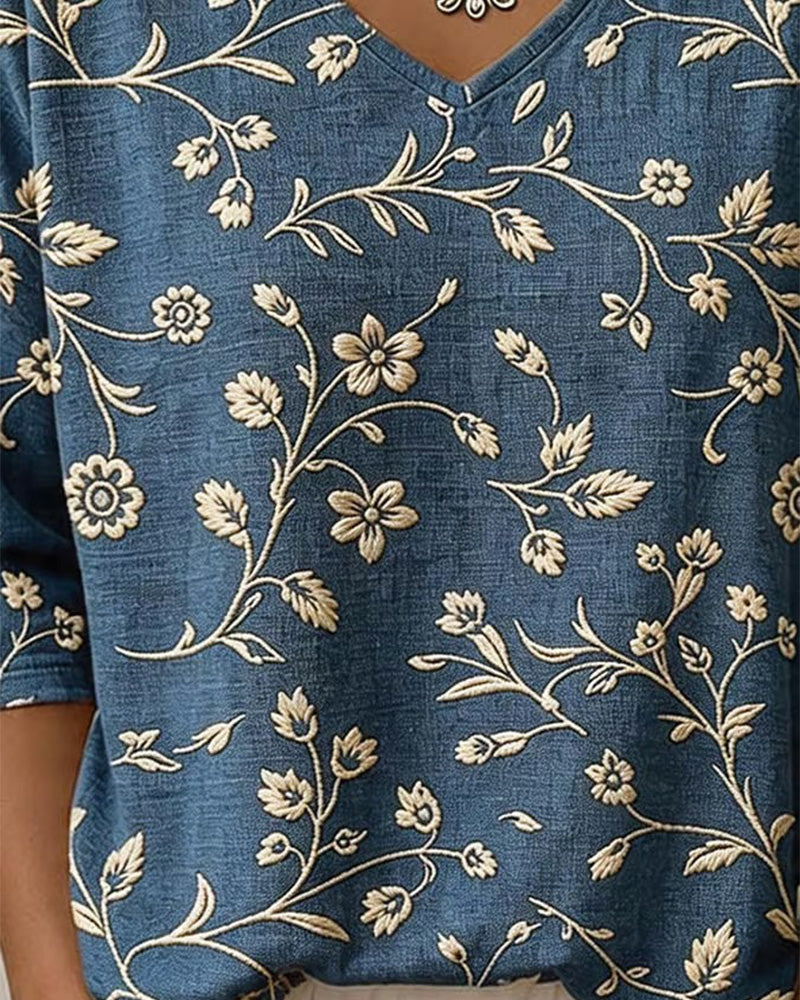 Bluse V-Ausschnitt Halbarm Blumig