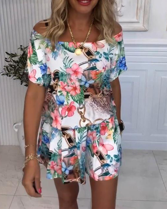 Jumpsuit Mit Pflanzen - und Blumenmustern, Einbandhals - Stil