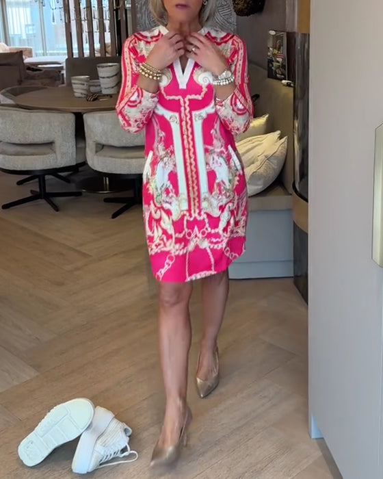 Kleid V-Ausschnitt Dreiviertelarm Bedruckt Gerade