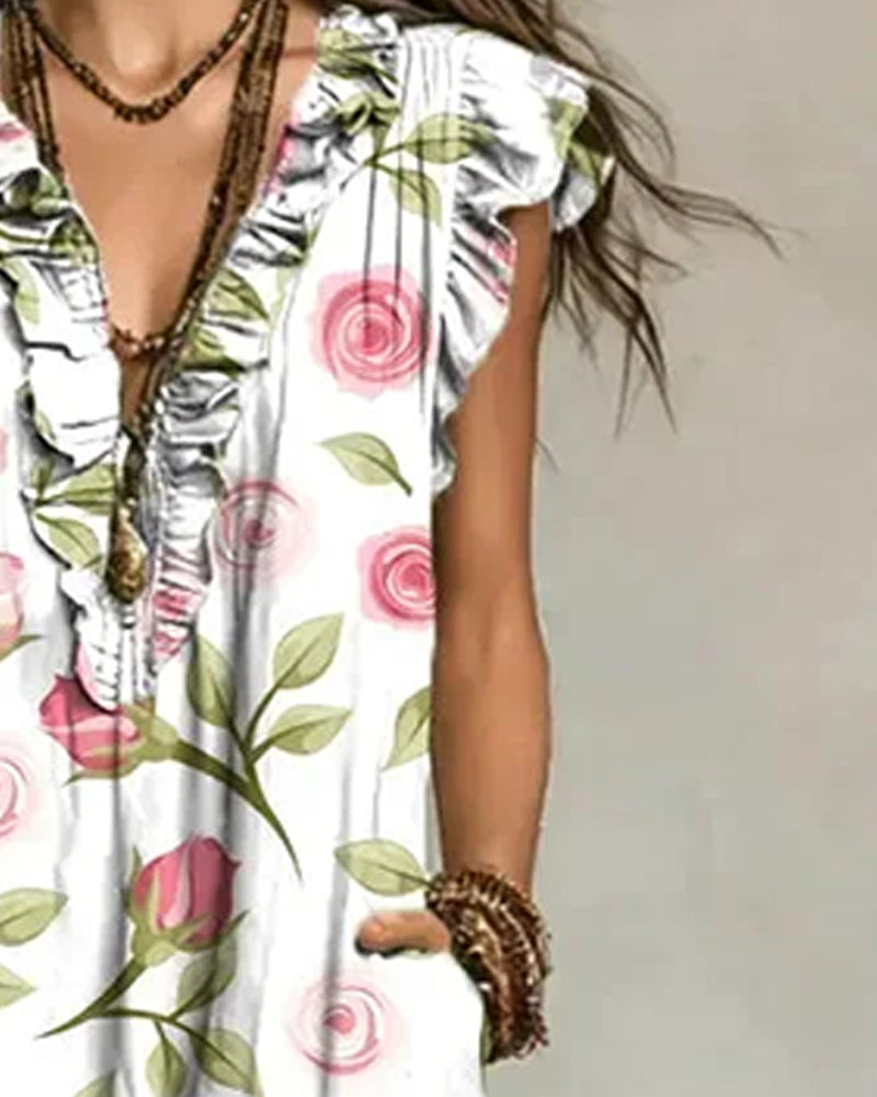 Kleid Rosenprint Rüsche V-Ausschnitt