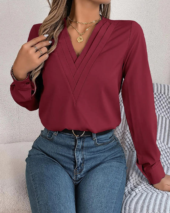 Oberteil V-Ausschnitt Geschichtet Uni Langer Ärmel