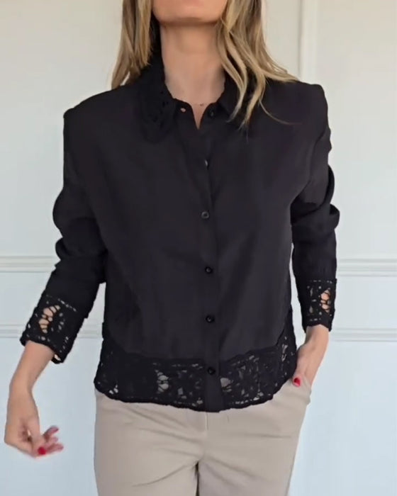 Bluse Revers Saum Spitze Patchwork