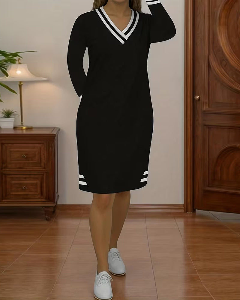 Kleid Color-Block gestreift V-Ausschnitt