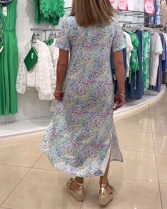 Kleid V-Ausschnitt Kurzärmelig Blumen