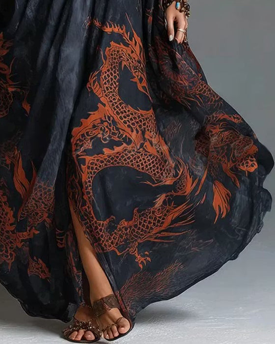 Kleid Rotes Drachenmuster Fledermausärmel Tiefer V-Ausschnitt