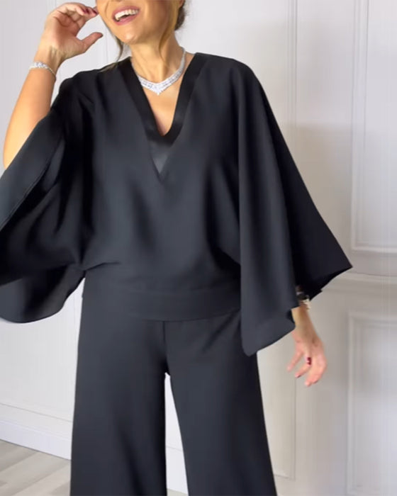 Bluse V-Ausschnitt elegant Schmetterlingsärmel