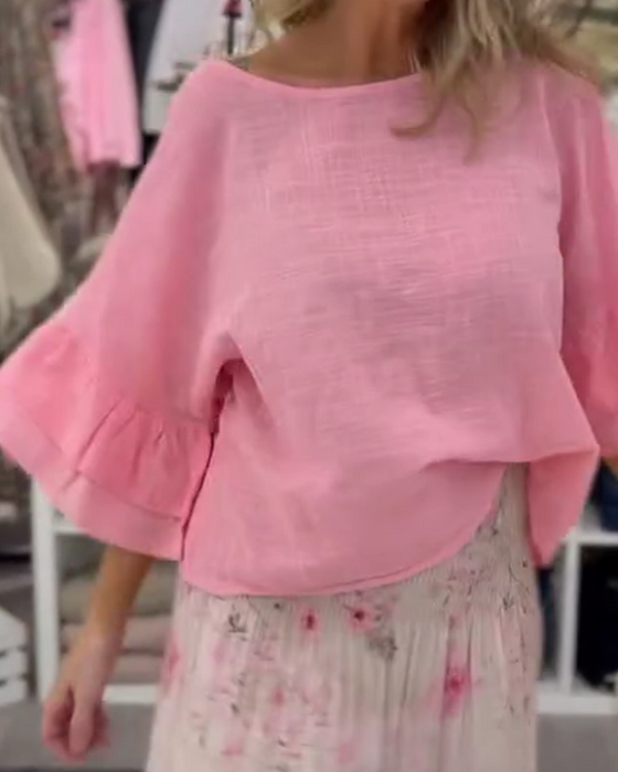 Bluse Loose Fit Rundhalsausschnitt Rüschenärmel