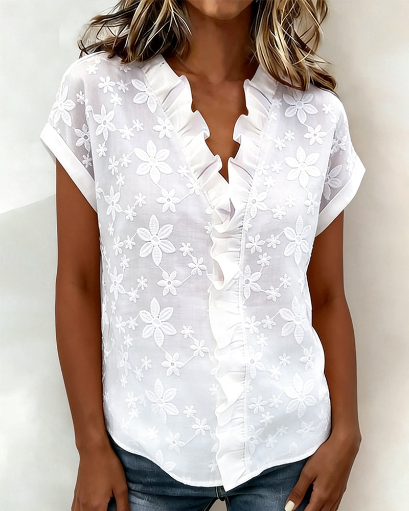 Bluse Kurzarm Rüsche V-Ausschnitt