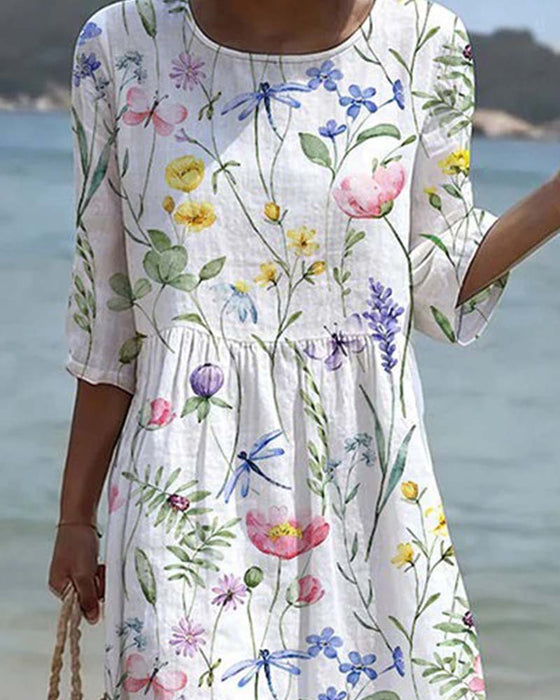 Kleid Kurzarm Blumen Rundhals A-Linie