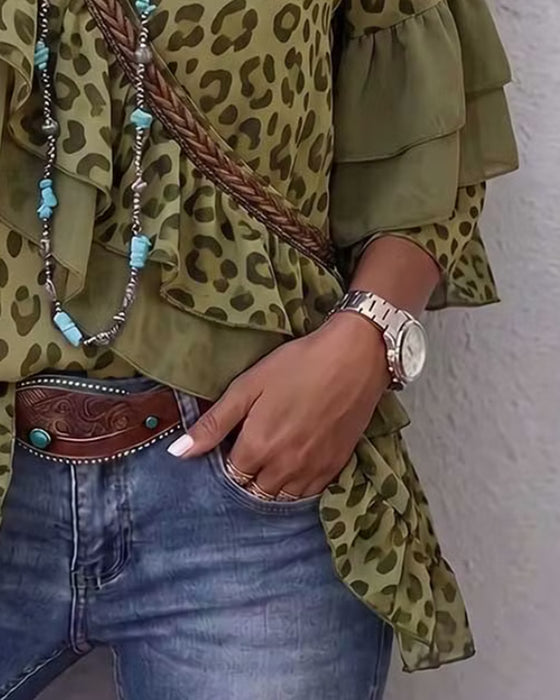 Bluse V-Ausschnitt Rüsche Leopard