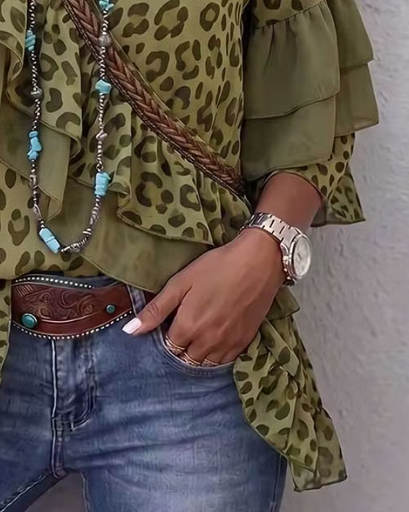Bluse V-Ausschnitt Rüsche Leopard