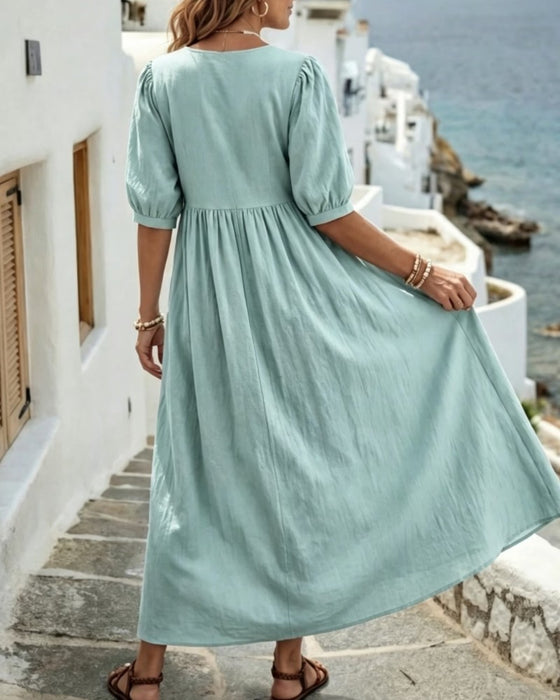 Kleid Knopf Vorne Plissiert