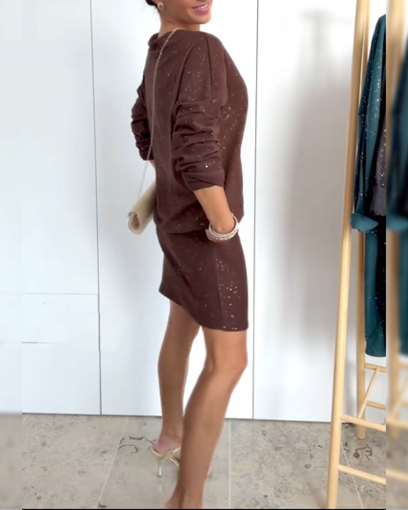 Kleid Runder Halsausschnitt Fein Glitzer Modisch