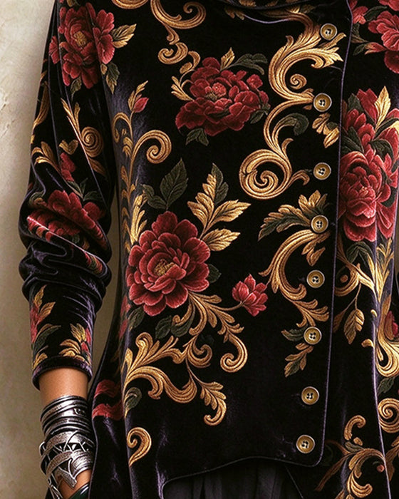 Top Vintage Blumig Rollkragen Schräggeknöpft