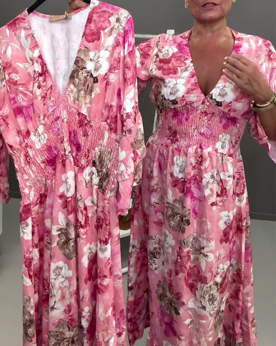 Kleid Tief V Doppelte Schicht Rüsche Blumig