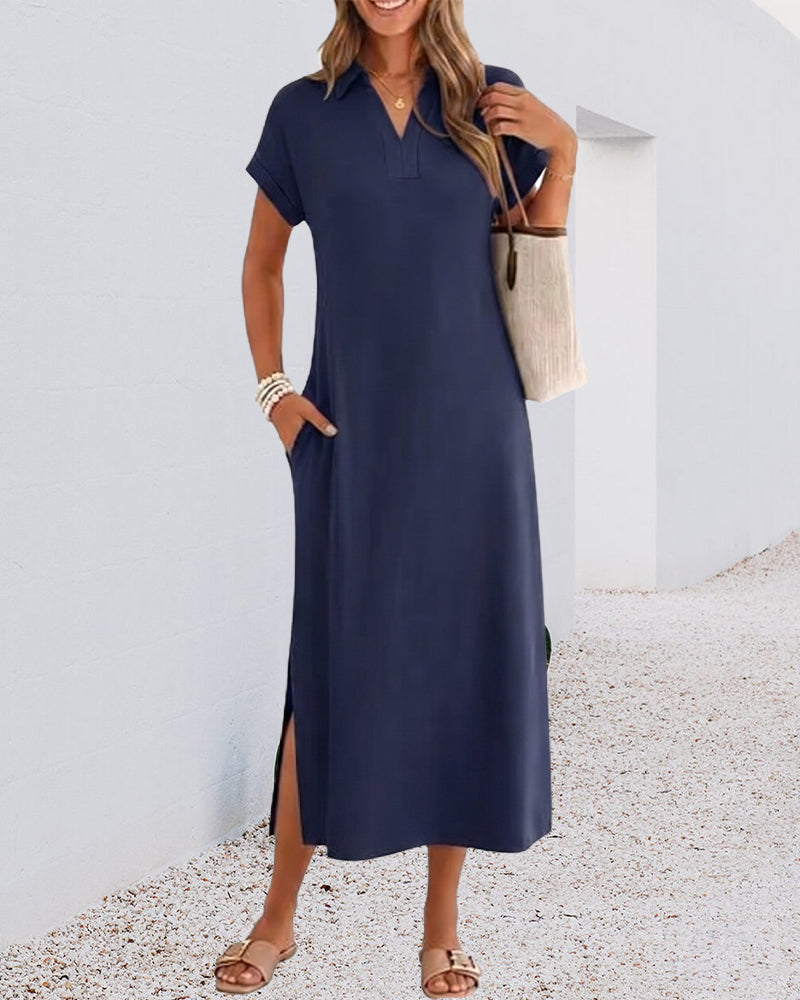 Kleid Polo Kragen Schlitz Drapiert Strick