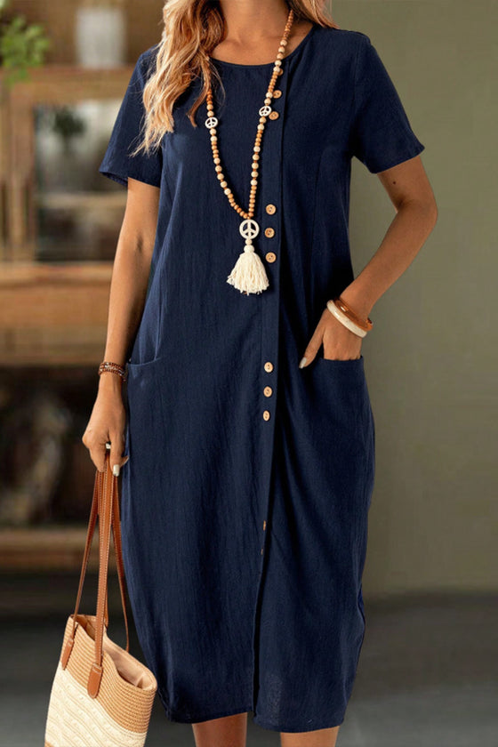 Kleid Geknöpft Kurzarm Tasche Shift