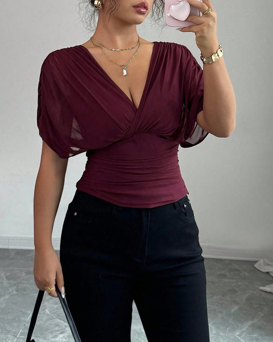 Bluse Uni Farbe Tiefer V-Ausschnitt Taille Kurzarm