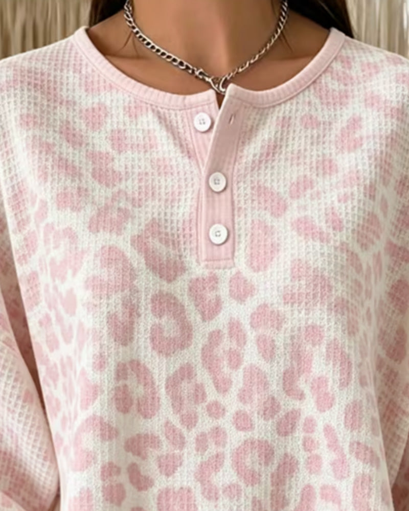 Sweatshirt Rund-Hals Knopf-Leiste Leopard Freizeit