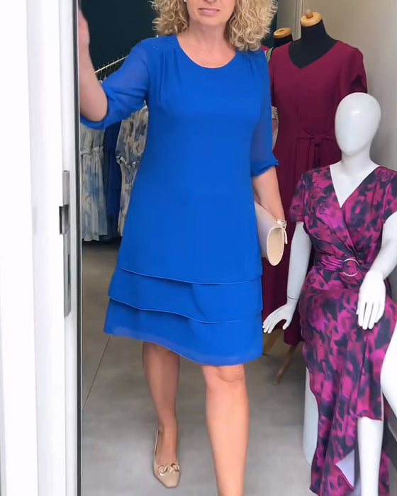 Kleid Halbärmel Rundhals Doppellag Gestuft