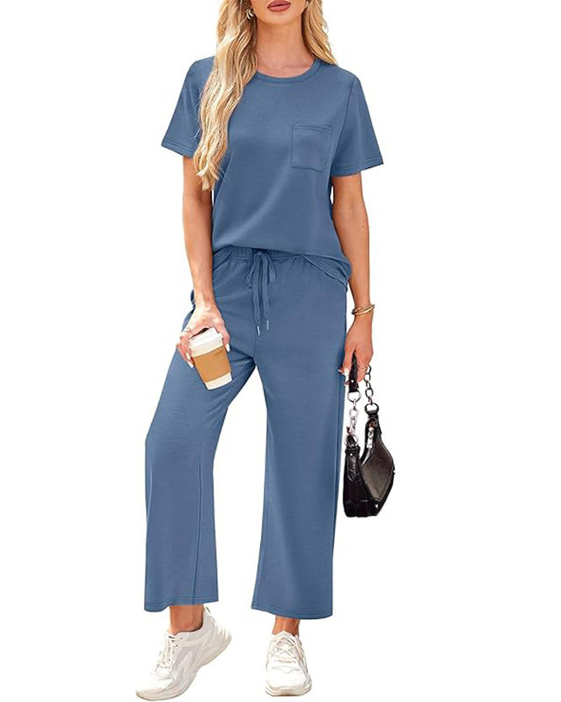 Set Einfarbig Kurzarm Und Lange Hose