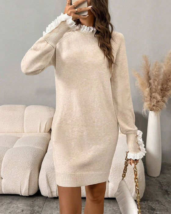 Elegantes langärmliges Strickkleid mit Spitze
