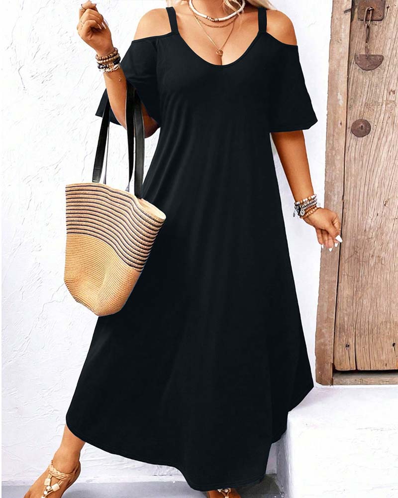 Kleid Einfarbig V-Ausschnitt Off-Shoulder Lang