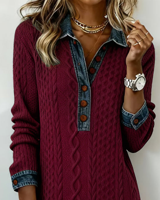 Kleid mit Kragen aus Denim, Zopfmuster-Strick und Patchwork