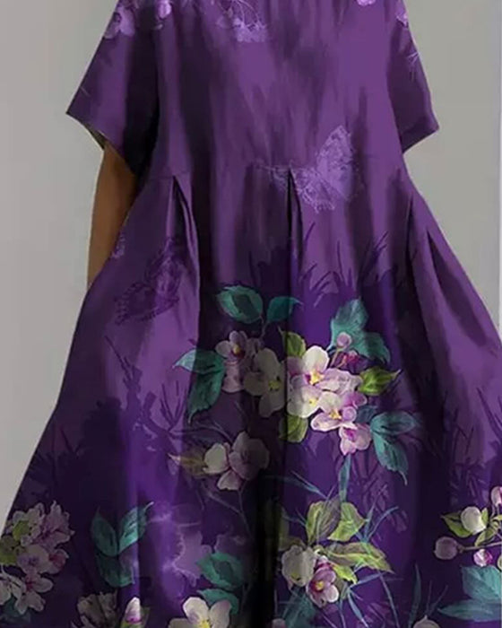 Kleid Rundhals Lila Blumen