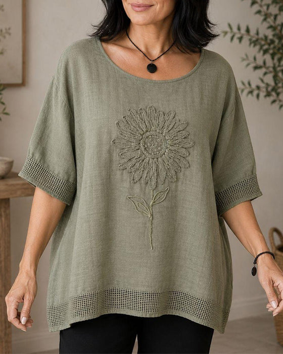 Bluse Sonnenblume Bestickt Locker