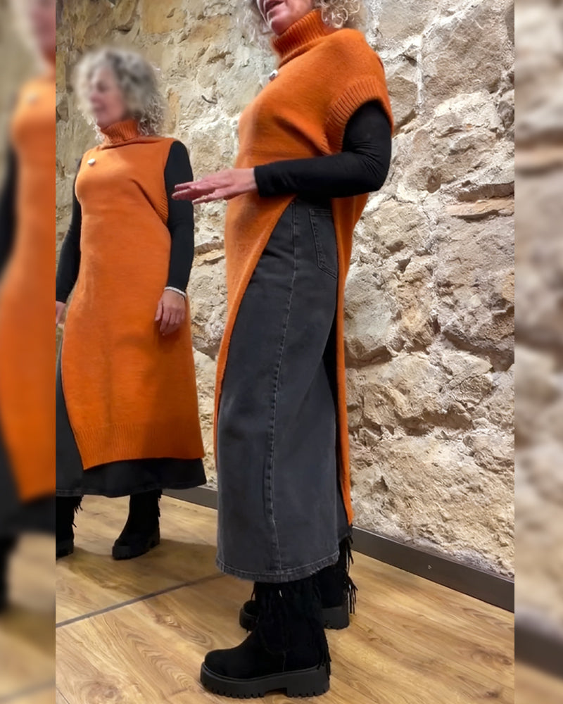 Kurze Ärmel Pullover mit Schlitzen und Rollkragen