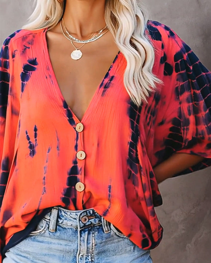 Bluse V-Ausschnitt Tie-Dye Lässig
