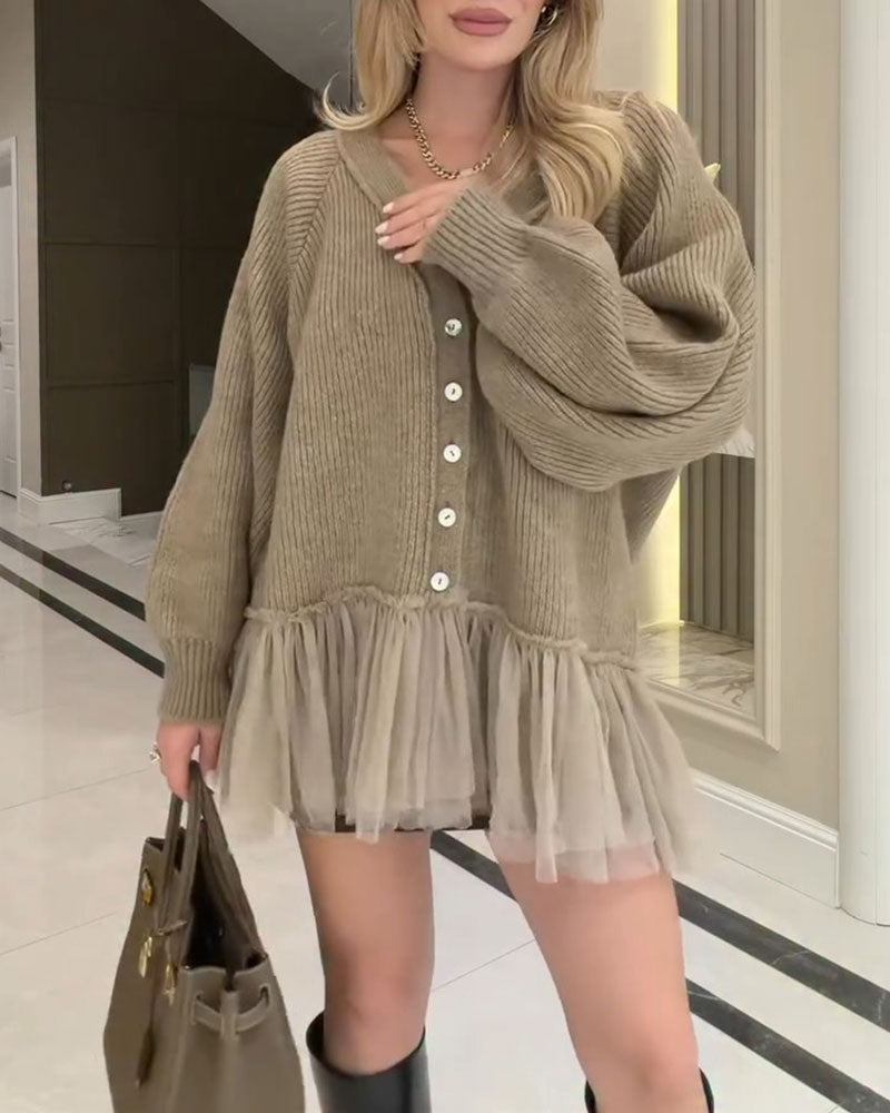 Cardigan V-Ausschnitt Mesh Rüsche Patchwork