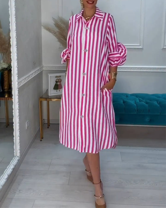 Kleid Hemdkragen Streifen Schlitz