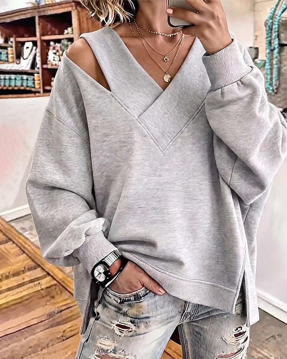 Sweatshirt V-Ausschnitt Freie Schulter Asymmetrischer Schlitz