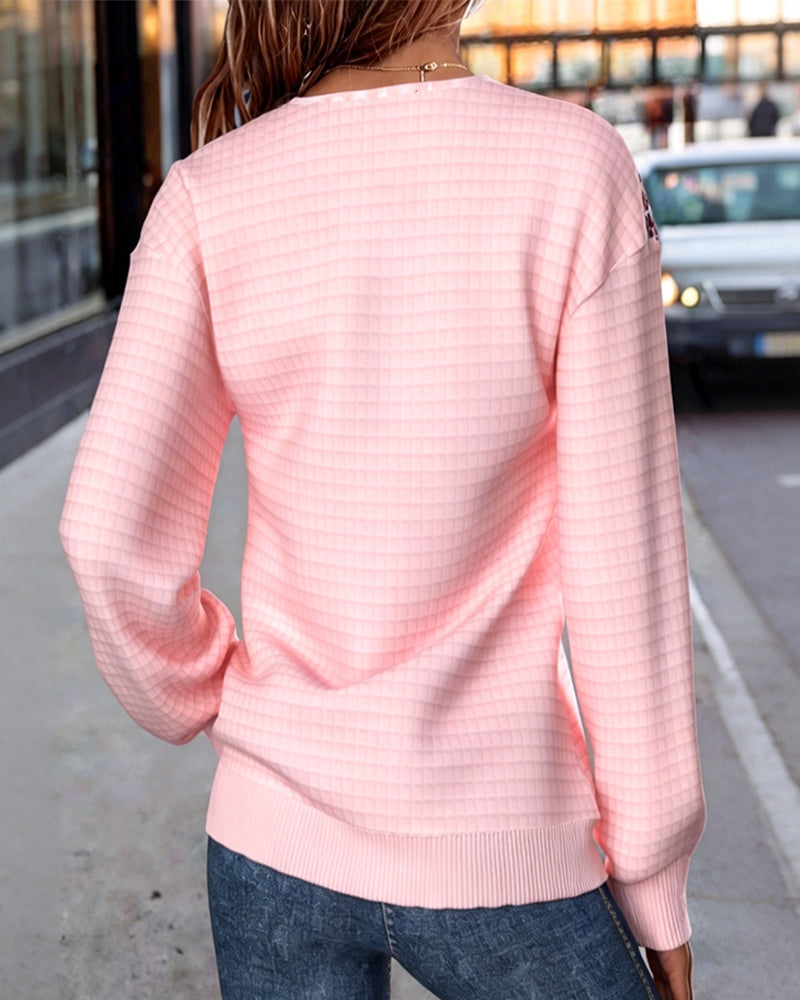 Sweatshirt Knopf V-Ausschnitt Karo Gestreift