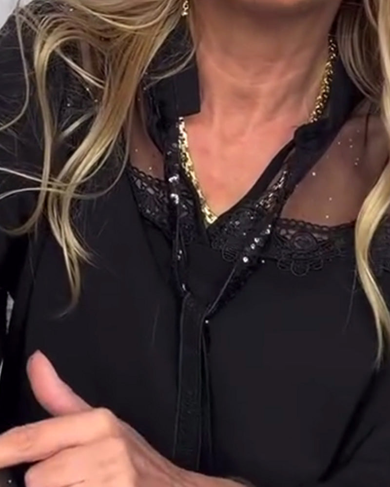 Bluse Uni-Farbe Patchwork Langarm