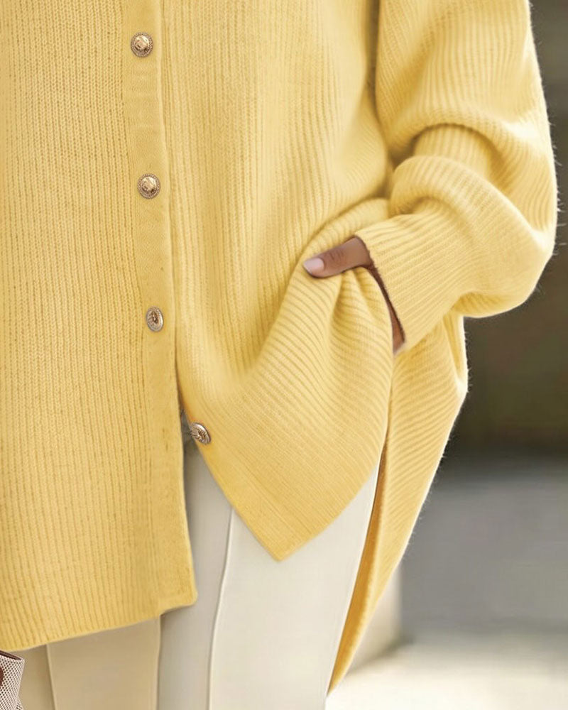 Cardigan Revers Knopf Laternenärmel Drop Schulter
