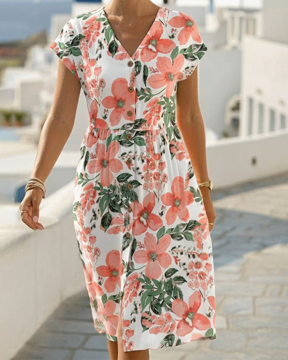 Kleid Blumendruck V-Ausschnitt Kurzarm