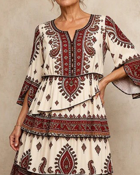 Kleid Bedruckter Rundhals Halb-Ärmel