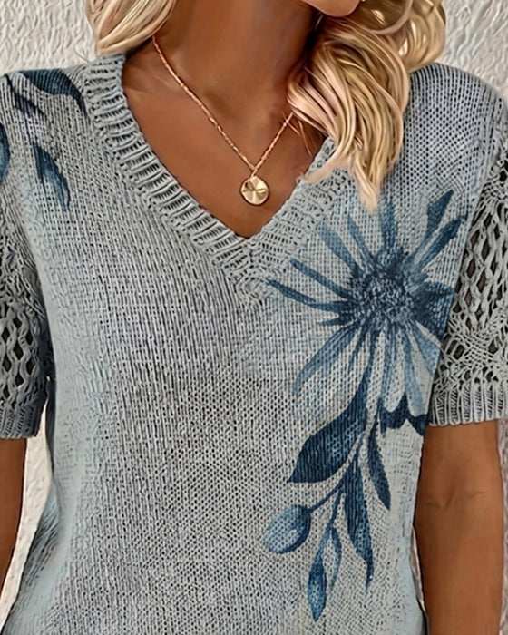 Pullover V-Ausschnitt Gestrickt Geblümt