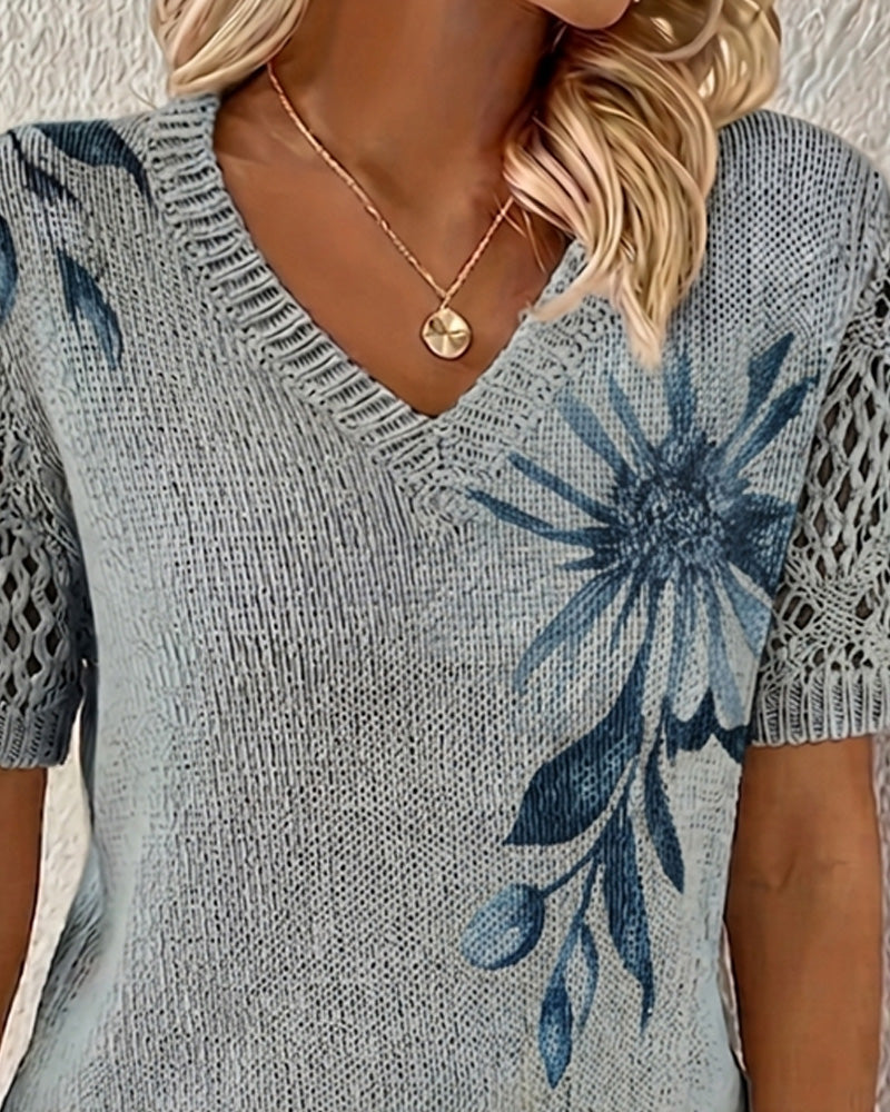 Pullover V-Ausschnitt Gestrickt Geblümt