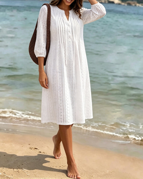 kleid v‑ausschnitt gerafft durchbrochen einfarbig