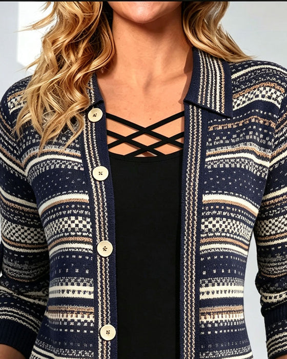 Bluse Bohemian Streifen Revers Falsch Layer