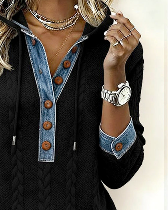 Color-blocking Langarm-Hoodie mit Knöpfen