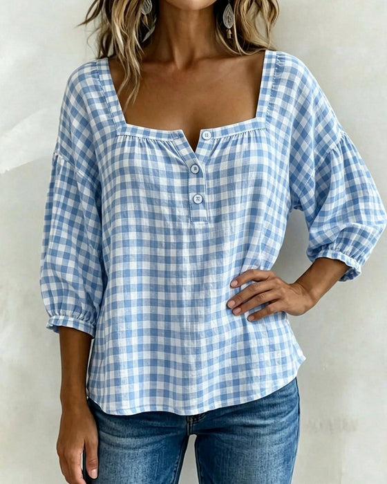 Bluse Quadratischer Ausschnitt Knopfleiste Karo