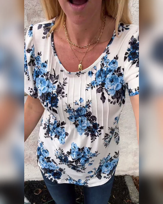 T-Shirt mit Rundhalsausschnitt Blumenmuster plissiert