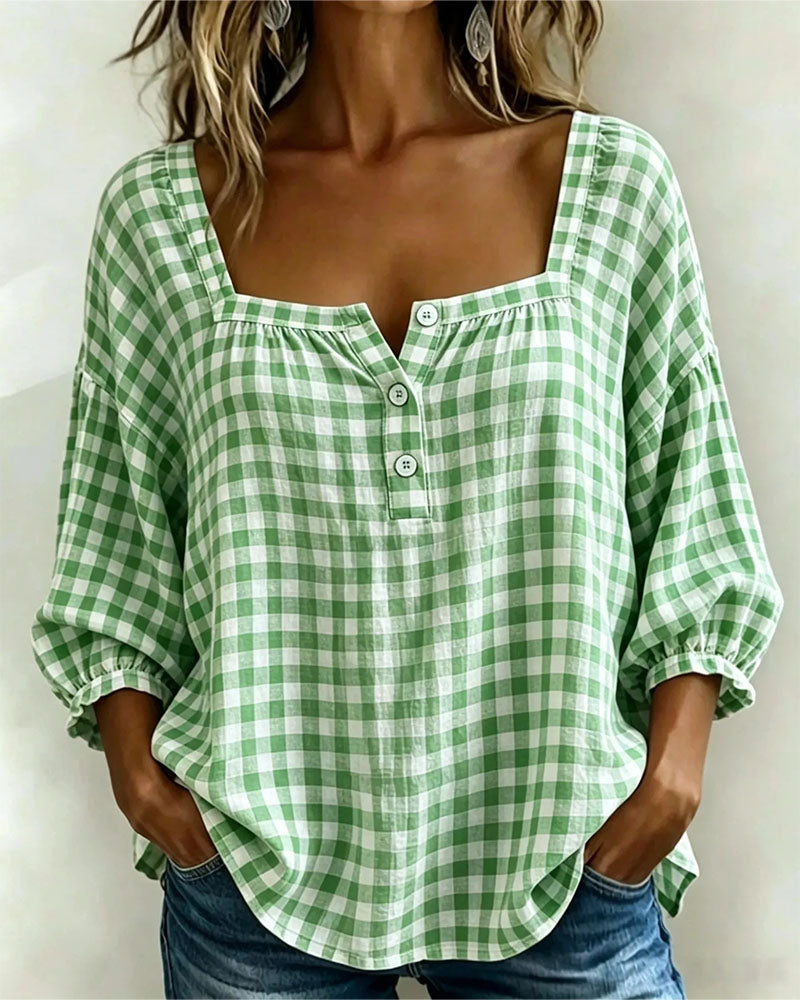 Bluse Quadratischer Ausschnitt Knopfleiste Karo