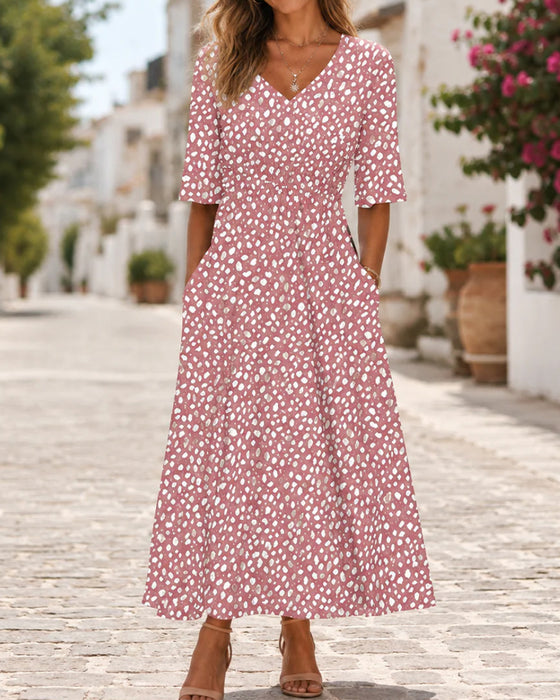 Kleid V-Ausschnitt Tupfen Rüsche A-Linie