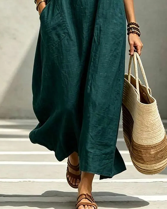 Kleid Rundhals Knopf Tasche Uni